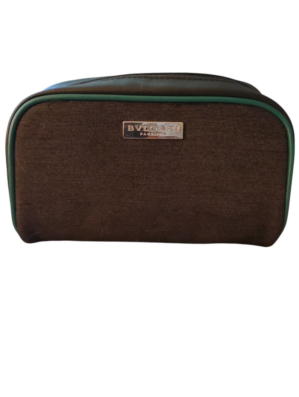 Bulgari Brown Canvas Toiletry Pouch with Green Trim